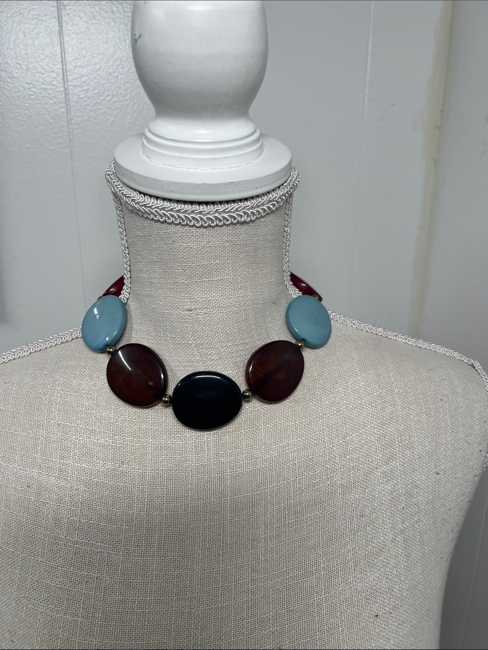 Stylish Cream, Black, Brown & Blue Beaded Choker Necklace with adjustable latch